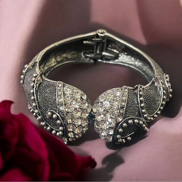 Vintage Rhinestones and Silvertone Statement Fashion Wide Cuff Bracelet - Picture 5 of 6